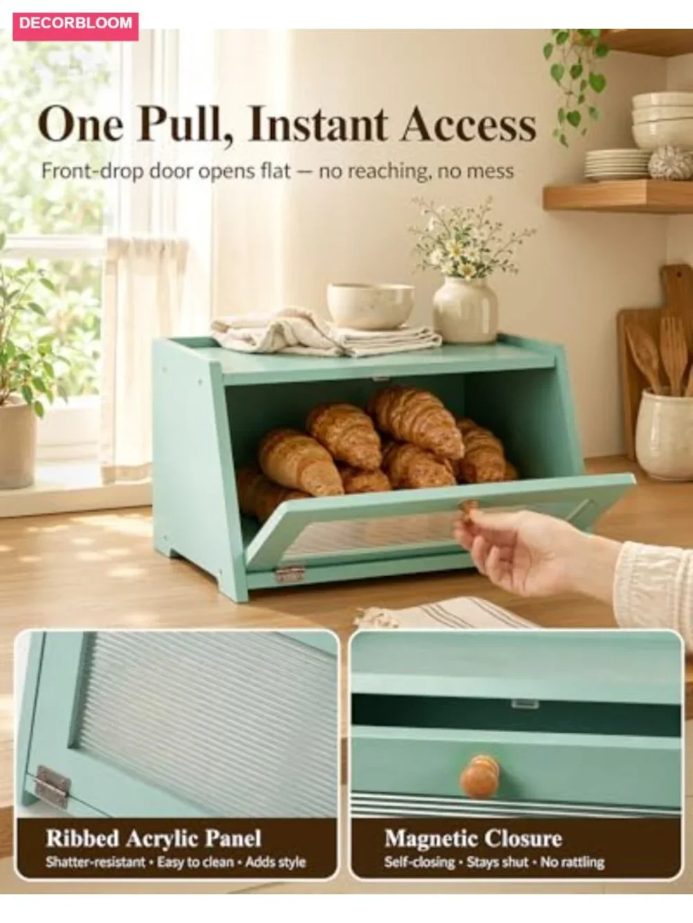 Large Farmhouse Bamboo Bread Box with Acrylic Window, Magnetic Door, Airtight